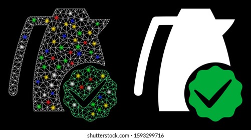 Glowing mesh valid kettle icon with lightspot effect. Abstract illuminated model of valid kettle. Shiny wire carcass polygonal mesh valid kettle icon. Vector abstraction on a black background.