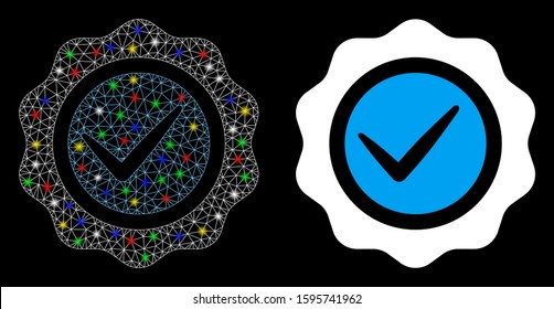 Glowing mesh valid seal icon with glare effect. Abstract illuminated model of valid seal. Shiny wire carcass triangular mesh valid seal icon. Vector abstraction on a black background.