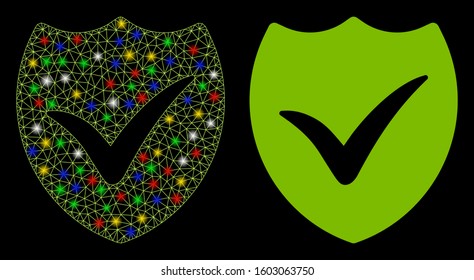 Glowing mesh valid shield icon with sparkle effect. Abstract illuminated model of valid shield. Shiny wire frame triangular mesh valid shield icon. Vector abstraction on a black background.