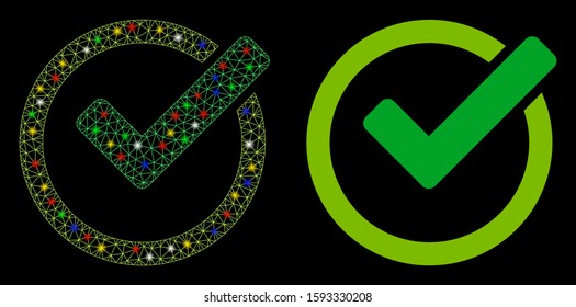 Glowing mesh validity icon with glow effect. Abstract illuminated model of validity. Shiny wire frame triangular mesh validity icon. Vector abstraction on a black background.