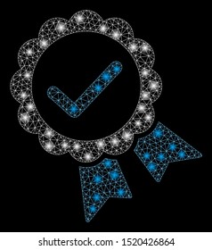 Glowing mesh validity seal with sparkle effect. Abstract illuminated model of validity seal icon. Shiny wire carcass polygonal network validity seal. Vector abstraction on a black background.