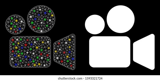 Glowing mesh video camera icon with sparkle effect. Abstract illuminated model of video camera. Shiny wire carcass polygonal mesh video camera icon. Vector abstraction on a black background.