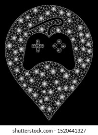 Glowing mesh video games marker with glare effect. Abstract illuminated model of video games marker icon. Shiny wire carcass polygonal mesh video games marker.