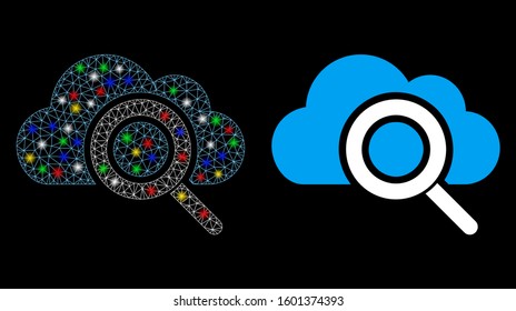 Glowing mesh view cloud icon with sparkle effect. Abstract illuminated model of view cloud. Shiny wire carcass polygonal mesh view cloud icon. Vector abstraction on a black background.