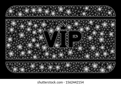 Glowing mesh VIP access card with lightspot effect. Abstract illuminated model of VIP access card icon. Shiny wire frame triangular network VIP access card. Vector abstraction on a black background.