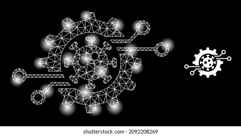 Glowing mesh virus electronics gear web icon with illuminated spots. Illuminated constellation generated using virus electronics gear vector icon. Glowing carcass web polygonal virus electronics gear,