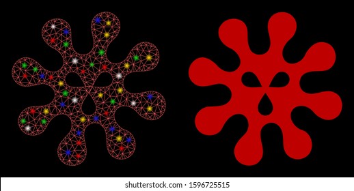 Glowing mesh virus icon with glitter effect. Abstract illuminated model of virus. Shiny wire frame polygonal network virus icon. Vector abstraction on a black background.