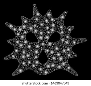 Glowing mesh virus with lightspot effect. Abstract illuminated model of virus icon. Shiny wire frame triangular mesh virus. Vector abstraction on a black background.