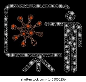 Glowing mesh virus report with glitter effect. Abstract illuminated model of virus report icon. Shiny wire carcass triangular mesh virus report. Vector abstraction on a black background.