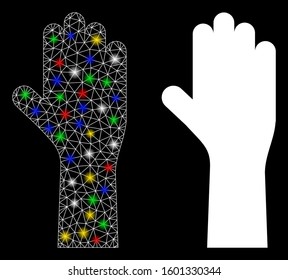 Glowing mesh vote hand icon with glare effect. Abstract illuminated model of vote hand. Shiny wire frame triangular mesh vote hand icon. Vector abstraction on a black background.