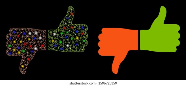 Glowing mesh vote thumbs icon with glitter effect. Abstract illuminated model of vote thumbs. Shiny wire carcass polygonal mesh vote thumbs icon. Vector abstraction on a black background.