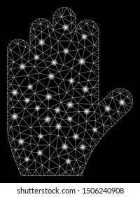 Glowing mesh voting hand with glare effect. Abstract illuminated model of voting hand icon. Shiny wire frame triangular mesh voting hand. Vector abstraction on a black background.