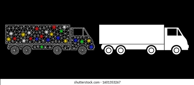 Glowing mesh wagon icon with glare effect. Abstract illuminated model of wagon. Shiny wire frame triangular mesh wagon icon. Vector abstraction on a black background.