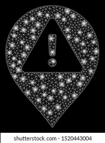 Glowing mesh warning map marker with glow effect. Abstract illuminated model of warning map marker icon. Shiny wire carcass polygonal mesh warning map marker. Vector abstraction on a black background.