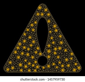 Glowing mesh warning with sparkle effect. Abstract illuminated model of warning icon. Shiny wire carcass polygonal mesh warning. Vector abstraction on a black background.