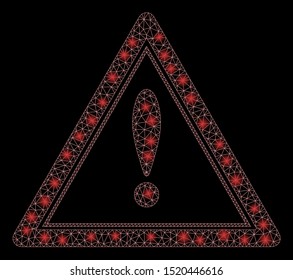 Glowing mesh warning triangle with glow effect. Abstract illuminated model of warning triangle icon. Shiny wire carcass triangular mesh warning triangle. Vector abstraction on a black background.