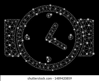 Glowing mesh watches with lightspot effect. Abstract illuminated model of watches icon. Shiny wire frame polygonal mesh watches. Vector abstraction on a black background.