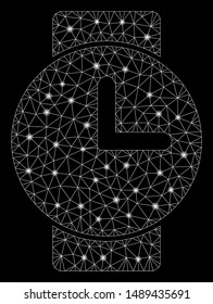 Glowing mesh watches with lightspot effect. Abstract illuminated model of watches icon. Shiny wire carcass polygonal mesh watches. Vector abstraction on a black background.