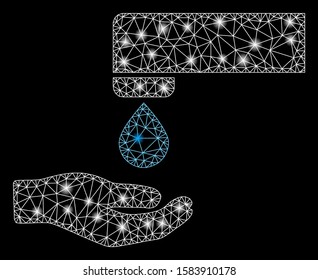 Glowing mesh water saving with sparkle effect. Abstract illuminated model of water saving icon. Shiny wire carcass triangular network water saving. Vector abstraction on a black background.