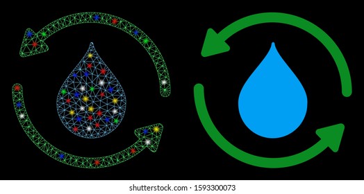 Glowing mesh water treatment icon with glow effect. Abstract illuminated model of water treatment. Shiny wire frame polygonal mesh water treatment icon. Vector abstraction on a black background.