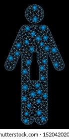 Glowing mesh WC man with lightspot effect. Abstract illuminated model of WC man icon. Shiny wire frame triangular mesh WC man. Vector abstraction on a black background.