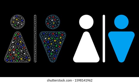 Glowing mesh WC persons icon with glare effect. Abstract illuminated model of WC persons. Shiny wire frame triangular mesh WC persons icon. Vector abstraction on a black background.
