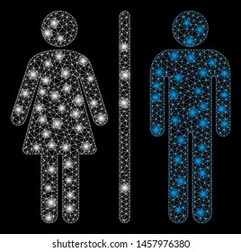 Glowing mesh WC persons with lightspot effect. Abstract illuminated model of WC persons icon. Shiny wire carcass triangular network WC persons. Vector abstraction on a black background.