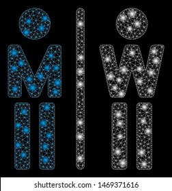 Glowing mesh WC persons with sparkle effect. Abstract illuminated model of WC persons icon. Shiny wire carcass polygonal mesh WC persons. Vector abstraction on a black background.