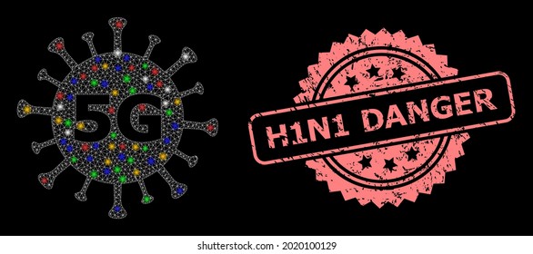 Glowing mesh web 5G virus with light dots, and H1N1 Danger unclean rosette stamp. Illuminated vector mesh created from 5G virus symbol. Pink stamp contains H1N1 Danger caption inside rosette.