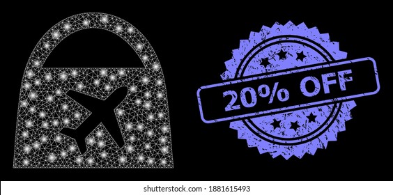 Glowing mesh web airport shopping with glowing spots, and 20 percent Off rubber rosette stamp seal. Illuminated vector constellation created from airport shopping icon.