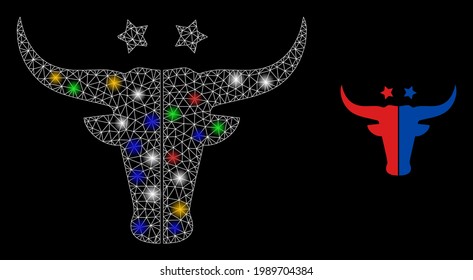 Glowing mesh web american beef logo with colored glowing spots. Illuminated vector frame created from american beef logo symbol. Sparkle frame wired american beef logo, on a black backgound.