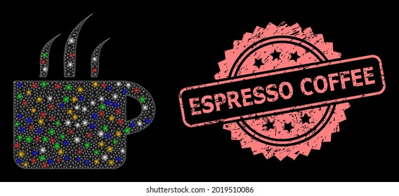 Glowing mesh web aroma cup with light spots, and Espresso Coffee dirty rosette seal print. Illuminated vector constellation created from aroma cup icon.