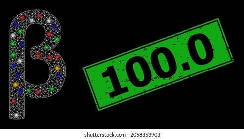 Web de malla brillante Beta Símbolo griego en minúsculas con manchas multicolores y sello de sello de 100.0 de grunge. El sello verde contiene 100.0 títulos dentro del rectángulo enmarcado.