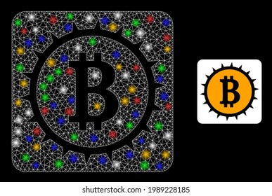 Glowing mesh web bitcoin box with colored bright dots. Constellation vector framework created from bitcoin box pictogram. Sparkle carcass mesh bitcoin box, on a black backgound.