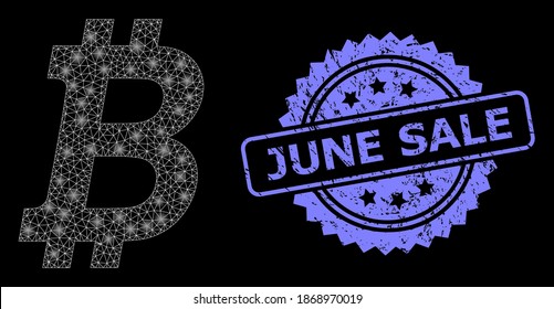Glowing mesh web bitcoin with lightspots, and June Sale textured rosette stamp seal. Illuminated vector model created from bitcoin icon. Blue stamp seal contains June Sale tag inside rosette.