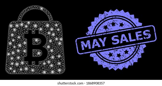 Glühendes Netz-Bitcoin-Shopping-Tasche mit leuchtenden Flecken, und May Sales Gummi Rosette-Robbenimitation. Illuminiertes Vektormodell, das aus dem Symbol der Bitcoin-Einkaufstasche erstellt wurde.