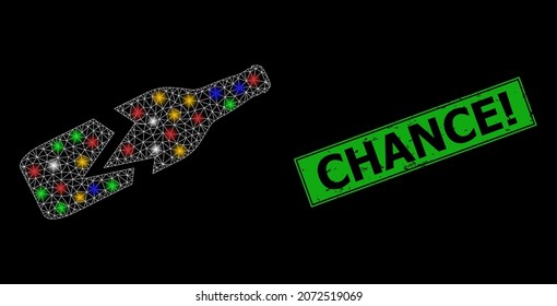 Glowing mesh web broken beer bottle with vibrant glowing spots, and grunge Chance stamp. Green stamp contains Chance tag inside framed rectangle.