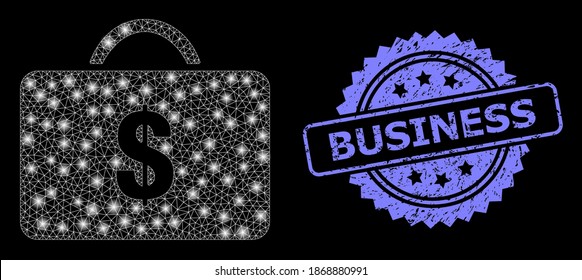 Glowing mesh web business case with glowing spots, and Business dirty rosette seal imitation. Illuminated vector model created from business case icon. Blue seal includes Business text inside rosette.