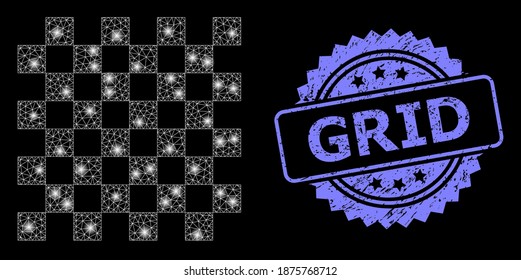 Glowing mesh web chess board with glowing spots, and Grid unclean rosette seal. Illuminated vector constellation created from chess board icon. Blue stamp seal has Grid caption inside rosette.