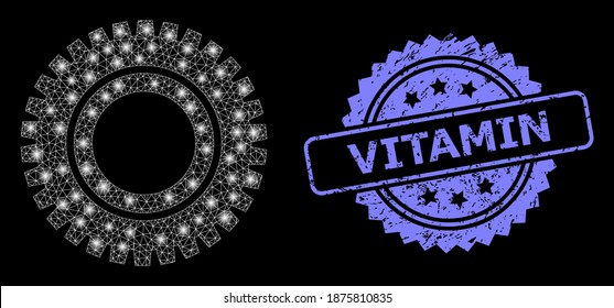 Glowing mesh web clock gear with glowing spots, and Vitamin scratched rosette seal imitation. Illuminated vector constellation created from clock gear icon.