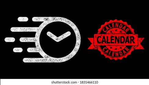 Glowing mesh web clock with glowing spots, and Calendar unclean ribbon stamp seal. Red stamp seal has Calendar text inside ribbon.