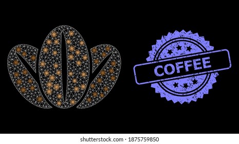 Glowing mesh web coffee beans with light spots, and Coffee textured rosette stamp seal. Illuminated vector constellation created from coffee beans icon. Blue stamp seal has Coffee text inside rosette.