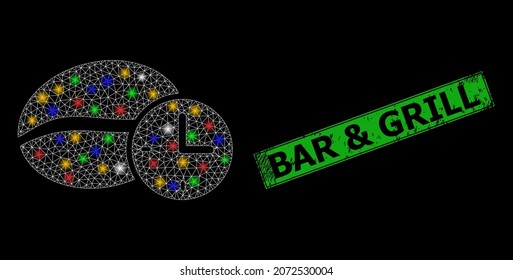 Glowing mesh web coffee time with multicolored bright dots, and grunge Bar and Grill seal stamp. Green stamp seal contains Bar and Grill caption inside framed rectangle.