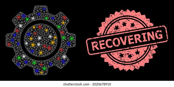Glowing mesh web cog wheel with light spots, and Recovering dirty rosette seal print. Illuminated vector mesh created from cog wheel icon. Pink seal contains Recovering tag inside rosette.
