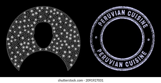 Glowing mesh web customer icon with glitter effect on a black background, and round Peruvian Cuisine textured stamp seal. Vector carcass generated from customer icon, white mesh net used.