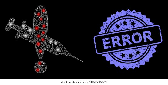 Glowing mesh web danger vaccine with lightspots, and Error unclean rosette stamp. Illuminated vector model created from danger vaccine icon. Blue stamp includes Error caption inside rosette.