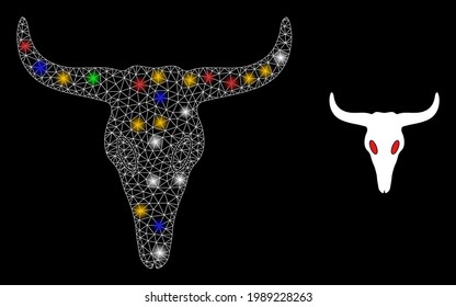 Glowing mesh web dead bull head with colored flash nodes. Constellation vector structure created from dead bull head icon. Sparkle constellation mesh dead bull head, on a black backgound.