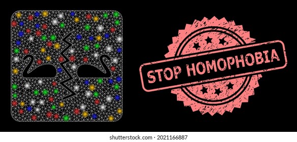 Glowing mesh web divorce swans with flash nodes, and Stop Homophobia corroded rosette stamp seal. Illuminated vector mesh created from divorce swans icon.