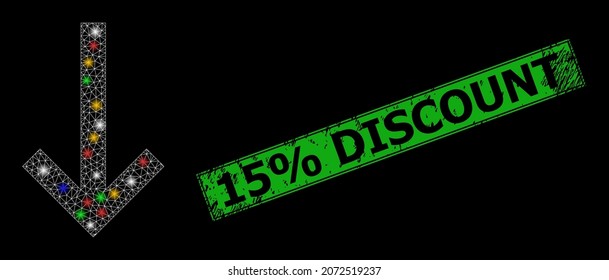 Glowing mesh web down arrow with colorful glowing spots, and grunge 15 discount Discount seal stamp. Green stamp seal includes 15 discount Discount text inside framed rectangle.