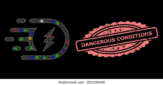 Glühende Gitterrosette-elektrische Energie mit leuchtenden Flecken und Gefahrenbeständigkeit Gummi Rosette Robbendruck. Illuminierte Vektorkonstellation, die aus dem Symbol für elektrische Leistung erstellt wurde.